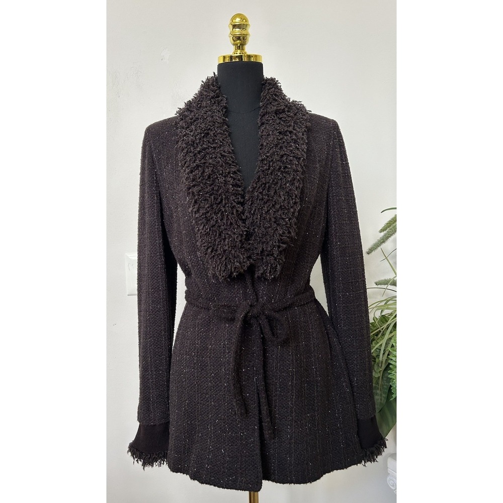 St John‎ Sparkle Brown Belted Fur Collar Knit Cardigan Sweater Jacket Sz 4, $595